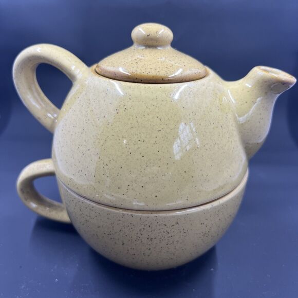 Pier 1 Teapot Teacup 3 Piece Stoneware Set for One Tea Pot & Tea Cup Set gold - Picture 1 of 11